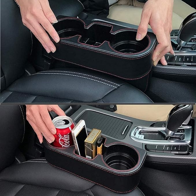 Car Cup Holder, Auto Front Seat Cup Holder, PU Leather Cover Cup Drink Holder, Car Seat Gap Filler Organizer, Side Cup Holder for Car Coin Bucket, Cell Mobile Phone Holder, Black