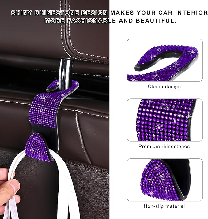 4 PCS Car Seat Headrest Hooks, Bling Crystal Rhinestone Back Seat Hanger Storage Organizer, Sparkly Seatback Holder Hooks for Purse and Bags Universal For Most Vehicles (Purple)