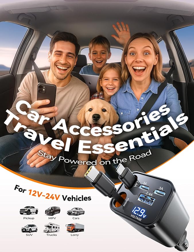 [5 in 1] 99W Retractable Car Charger Adapter, PD45W Car Charger USB C Fast Charging, Car Accessories,Tech Gadgets 2026 Birthday Gifts for Women Men for iPhone17 16 15 14 Pro Max, Samsung