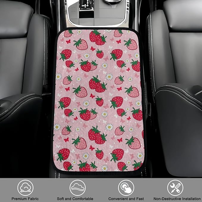 CLOHOMIN Strawberry Center Console Cover for Car Sedan Van Flower Car Center Console Cushion Pad Flannel Auto Armrest Cover Accessories