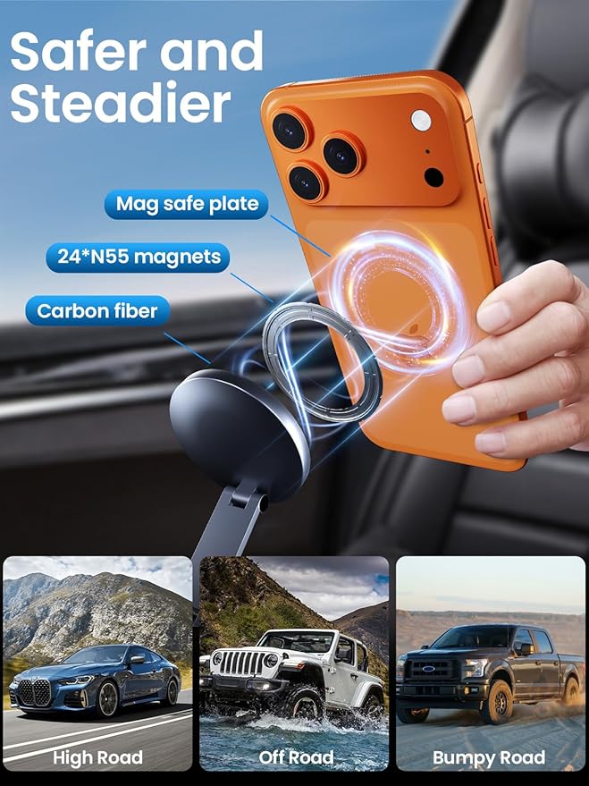BEEGROW Magnetic Car Phone Holder for Magsafe, Alloy 360° Folding Cell Car Phone Mount with Ultra Stable Suction Cup and Reusable Gel, Dashboard Windshield Stand for iPhone 17-12 Android Pixel Samsung
