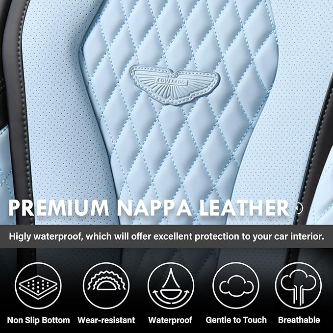 Coverado Auto Seat Covers, Car Seat Covers Full Set, Bule Car Seat Cover, Driver Seat Covers Front Seats Rear Seat Cover, Luxury Car Seat Cushion,Leather Seat Cover Seat Protector Fit for Most Cars