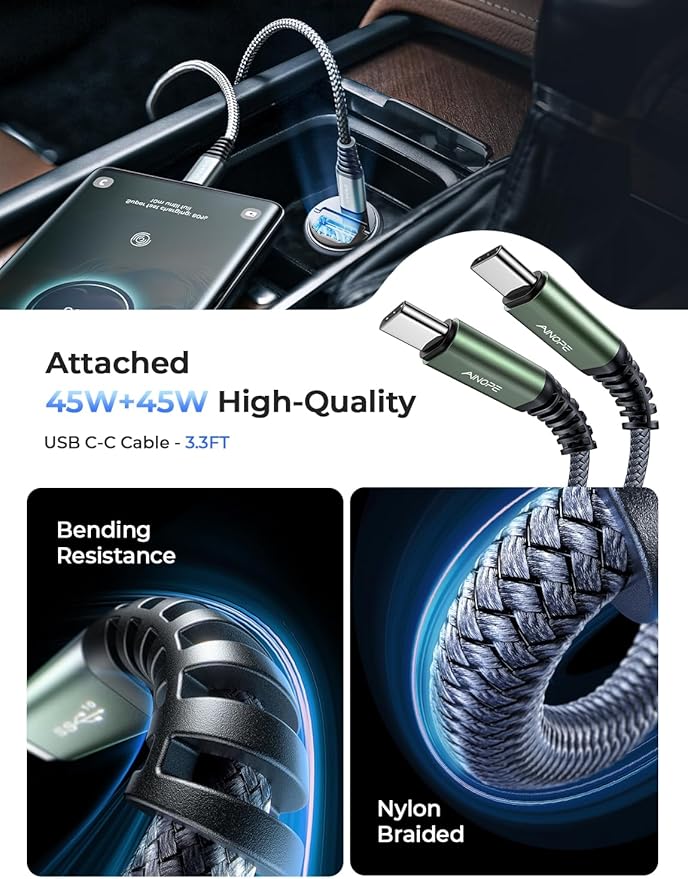 AINOPE 90W for iPhone 17 Pro Max 16 15 Super Fast Car Charger USB C, [Mini&Metal] Invisible Cigarette Lighter Adapter, Type C Charger Fast Charging for Samsung Galaxy S25 S24, Black