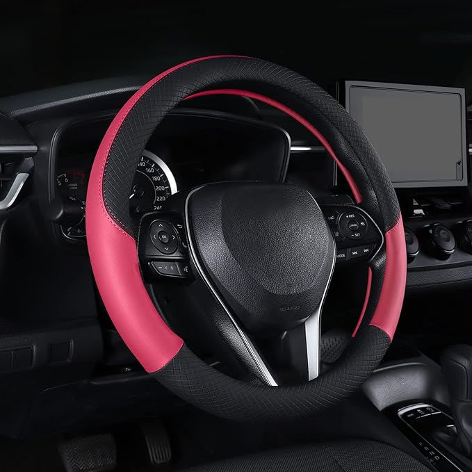 Auto Car Leather Steering Wheel Cover Anti Slip Wrap 15" (Hot Pink)