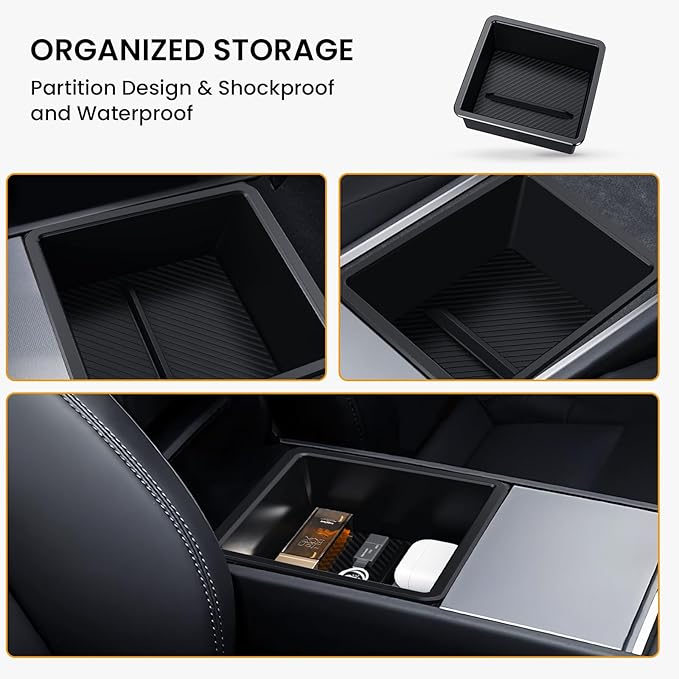 BANKKY Center Console Organizer for Tesla Model 3 Highland and Model Y Juniper - 2-Piece Set with Double Layer amd Silicone Liner Compatible with 2024-2026 Model 3 & 2025-2026 Model Y Black