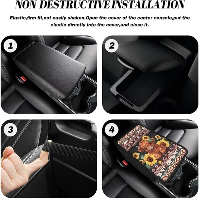 Boatee Cow Sunflower Automotive Armrests Universal Arm Rest Cover for Car Navajo Center Console Pad with 2 Storage Bags Car Console Organizer Car Interior Decor Auto Interior Protection Brown