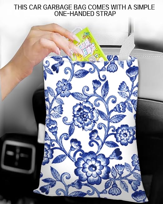 ANKVRP Car Trash Can, Durable Hanging Car Trash Garbage Bag, Cute Automotive Garbage Cans Organizer, Cute Blue Porcelain Floral