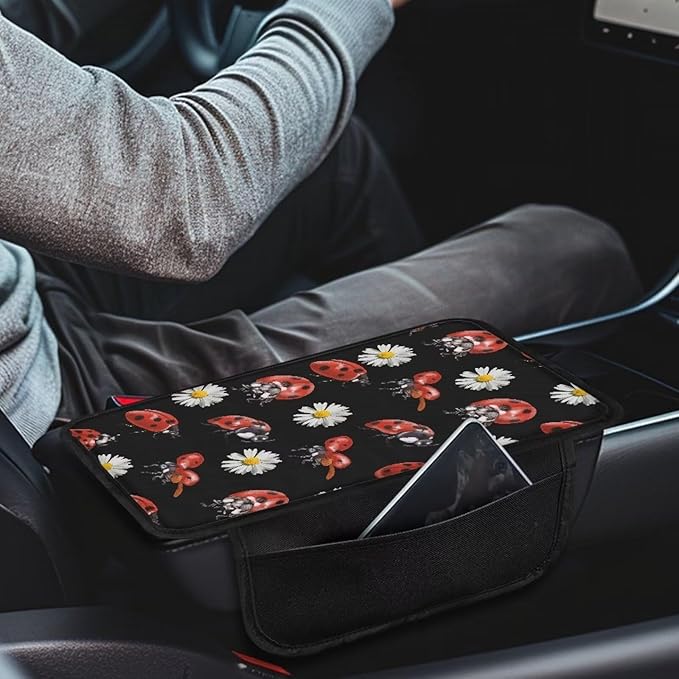 Dreaweet Car Armrest Cushion Ladybug Car Accessories for Women Center Console Pad Cover Protector Armrest Seat Box with Organizer Pockets Storage Bag,Universal Fit