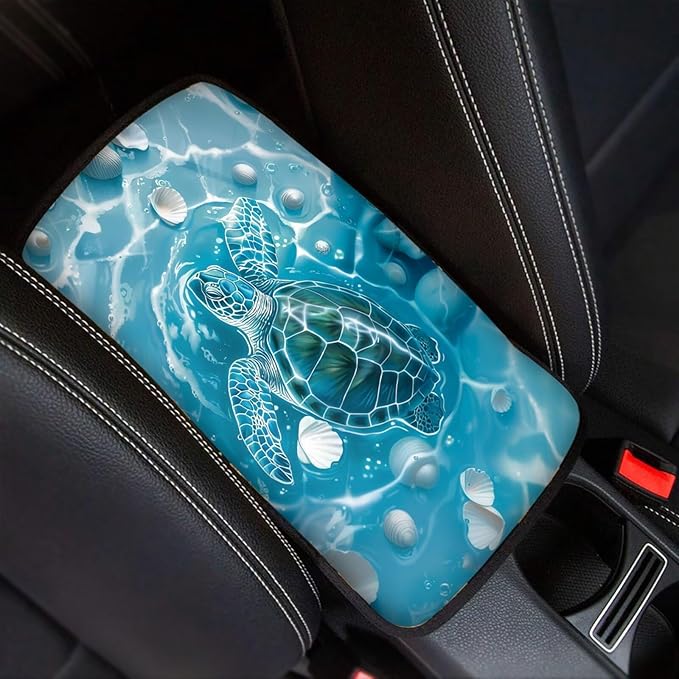Dreaweet Sea Turtle Center Console Cover Pad Soft Scratch-Poof Middle Console Covers for SUV Truck Comfort Non Slip Arm Rest for Car Armrest Storage Box Mat