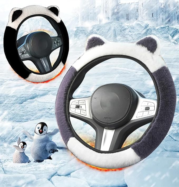 Car Steering Wheel Cover with Cat Ears Winter Warm Fuzzy Steering Wheel Protector Car Accessories Interior Decorations (Pink)