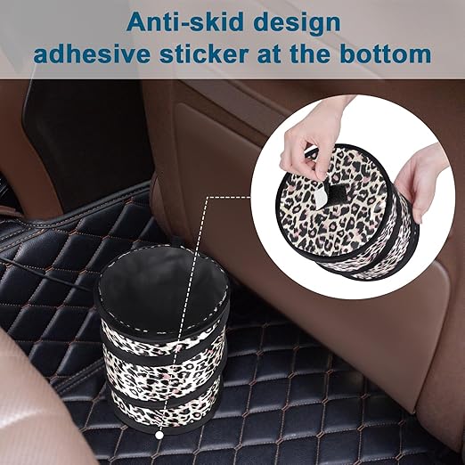 Kincown Car Trash Can, 2 Packs Mini Collapsible Car Trash Bin for Front Back Seat, Pop up Car Garbage Can, Portable Car Trash Bag Hanging for Vehicle SUV Rv Truck Accessories Interior, Leopard Print