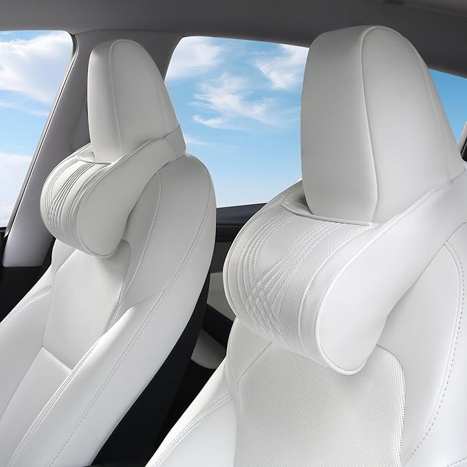 Dapucarin Car Headrest Memory Foam Neck Pillow for Driving with Leather Cover Soft Comfortable Seat Head Pillow Cushion for Most Cars SUV Sedan Home Office, White, 2PC