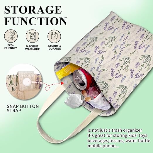 Car Trash Can, Cute Car Trash Bag, Hanging Car Organizer and Storage Bag, Trash Bin for Car Accessories, Vehicle, Travelling, Camping Watercolor White Lavender