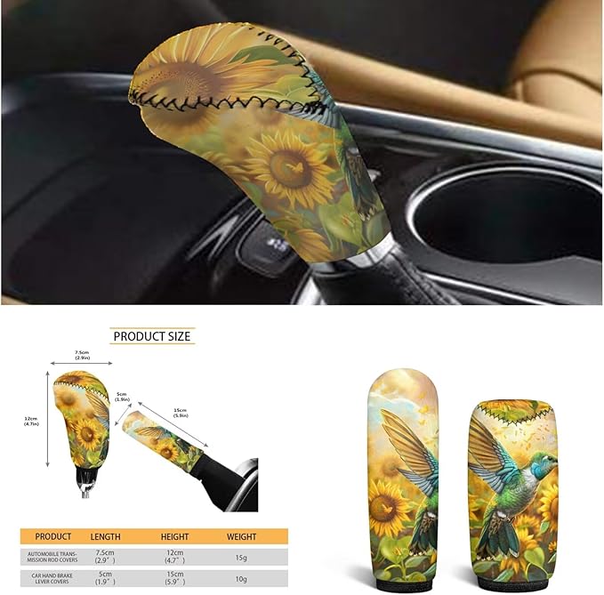 Hummingbird Print Steering Wheel Cover Car Accessories for Women Yellow Sunflower Car Interior Decor Cup Coaster Cars Armrest Cover Suit for Most SUV Vans Trucks