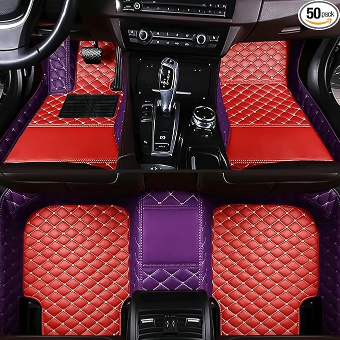 Custom Personalized Floor Mats for Cars，Luxury Full Coverage All Car Floor Mats，Anti-Slip Leather Car Mat Set ，Custom Floor Mats for 99% of Cars, Trucks & SUVs. (Purple and Red)