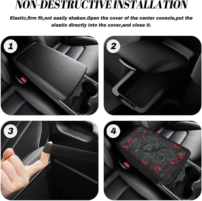 Dreaweet Car Armrest Cover for Women Gothic Crow Car Accessories Center Console Cover Replacement,Universal Arm Rest Cover for Car Console Covers with Pockets for Truck Sedan SUV