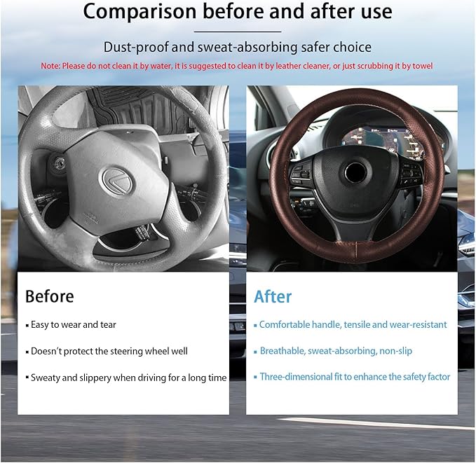 Kewucn Genuine Leather Steering Wheel Cover, 15" Universal Car Steering Wheel Protector with Needle Thread, Breathable Anti-Slip Steering Wheel Cover DIY Stitch on Wrap (Coffee, Full Hole)
