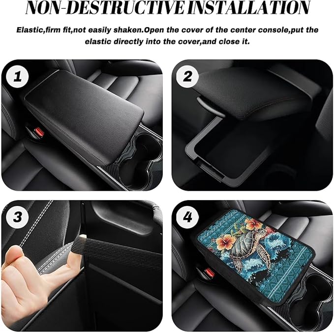 Boatee Turtle Flower Car Armrest Cushion Center Console Cover with 2 Pockets Console Mat Arm Rest Cover for Car Middle Console Organizer Universal Arm Rest Pad Stylish Interior Decor Blue