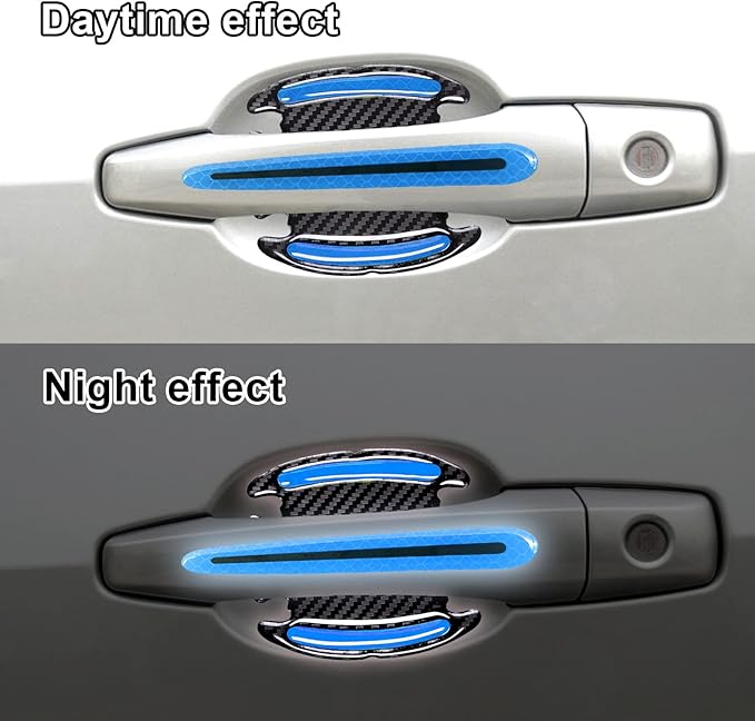 8Pcs 3D Car Door Handle Cup Protector, Reflective Stripe Stickers Anti-Scratch Universal Protector Suitable for Cars, Trucks, SUVs (Blue)