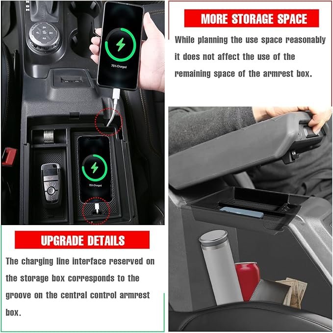 Mabett Center Console Organizer Compatible with Ford Bronco 2021 2022 2023 2024, Armrest Storage Box fit Bronco Accessories 2/4-Door, Insert Upper Tray Black(Not Fits 2025 Verison)