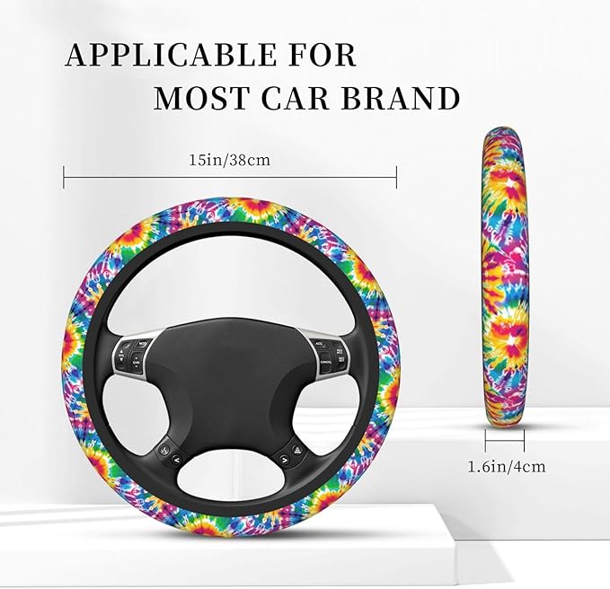Tie Dye Neoprene Steering Wheel Cover for Men Women Anti-Slip Elastic Colorful Steering Wheel Protective Cover 15in Universal Car Accessories Fit Cars, SUVs, Auto