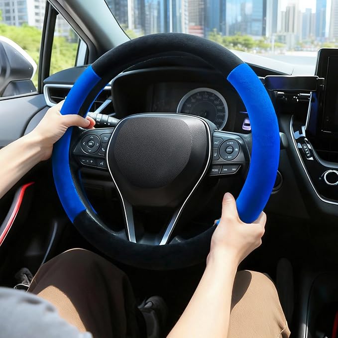 SEG Direct Steering Wheel Cover for Car, Standard Size 14.5-15 inch, Auto Interior Accessories, Warm Plush, Summer Winter, Black and Blue