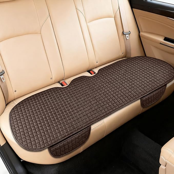 Car Back Seat Cover, Long Bottom Vehicle Rear Seat Protector with Storage Pockets, Breathable Linen Automotive Backseat Bench Cushion Pad Accessories, Universal for SUV Trucks (Coffee)