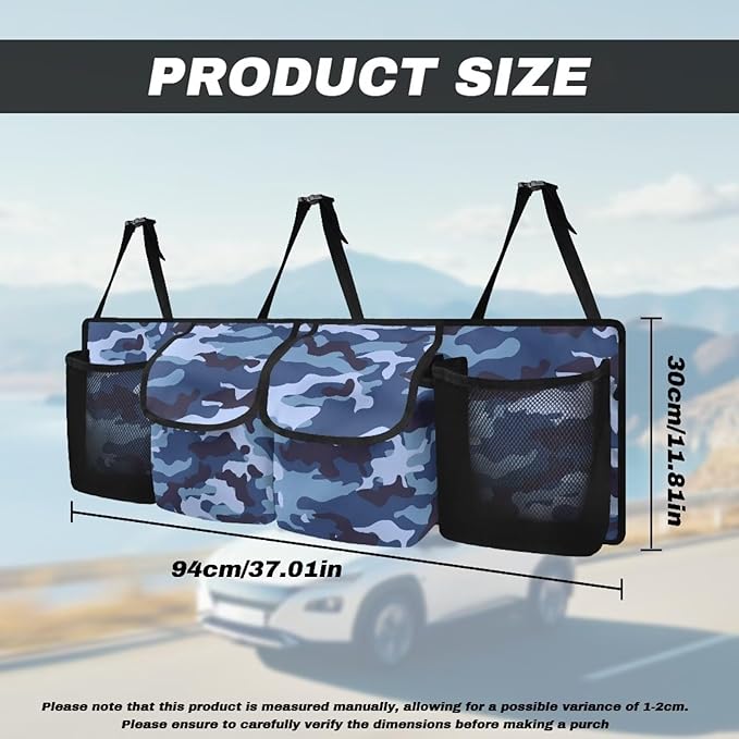 Camo Car Trunk Organizer, Super Capacity Backseat Trunk Organizer with 4 Pockets, Backseat Hanging Car Storage Organizer Foldable Cargo Storage with Adjustable Straps for SUV, Truck, MPV