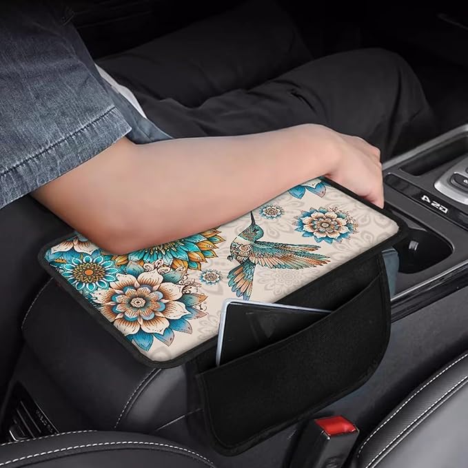 BIGCARJOB Hummingbird Lotus Armrest Cover for Car Center Console Auto Interior Accessories Boho Lotus Center Console Armrest Pads Car Armrest Seat Box Cover Cushion,Universal Fit