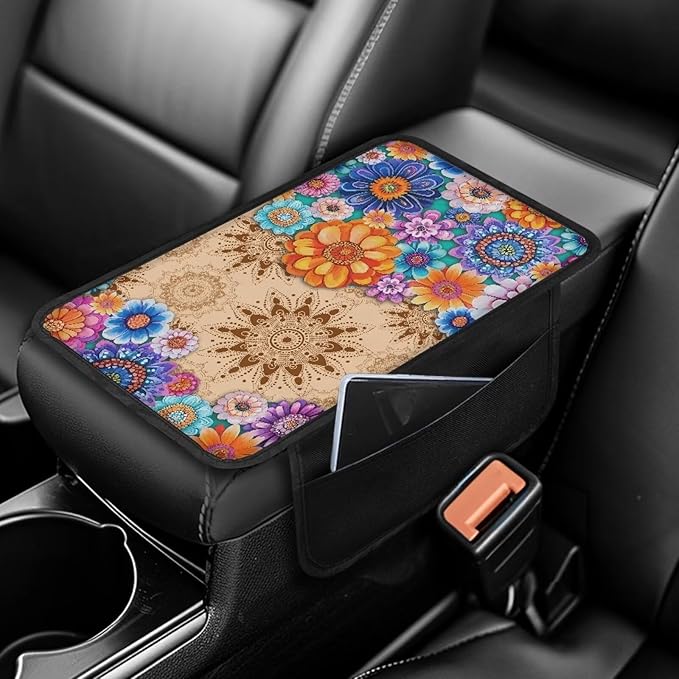 Dreaweet Car Center Console Cover with Pockets Boho Mandala Lotus Armrest Cover for Car Women,Universal Arm Rest Cover for Car Center Console for Truck SUV Cars Sedan