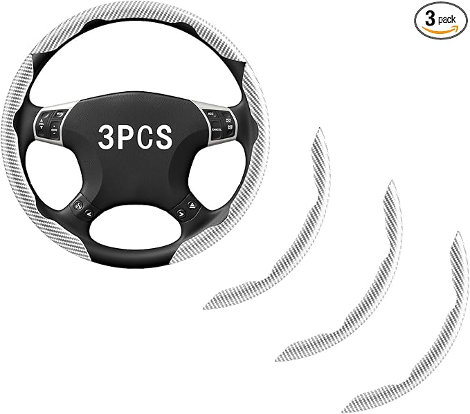 FOAN Steering Wheel Covers, 3PCs Carbon Fiber Anti-Skid Clip on Car Steering Wheel Cover Protector Universal for Most Car, White