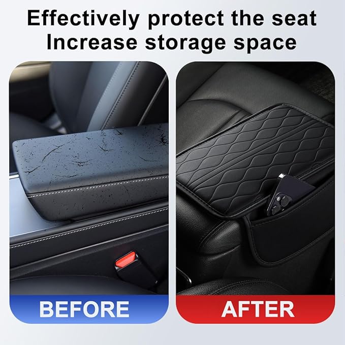Car Center Console Cover, Leather Vehicle Armrest Seat Box Pad Cushion with 2 Storage Bags, Automotive Interior Arm Rest Protector Accessories, Universal for SUV, Sedan, Truck (Black)