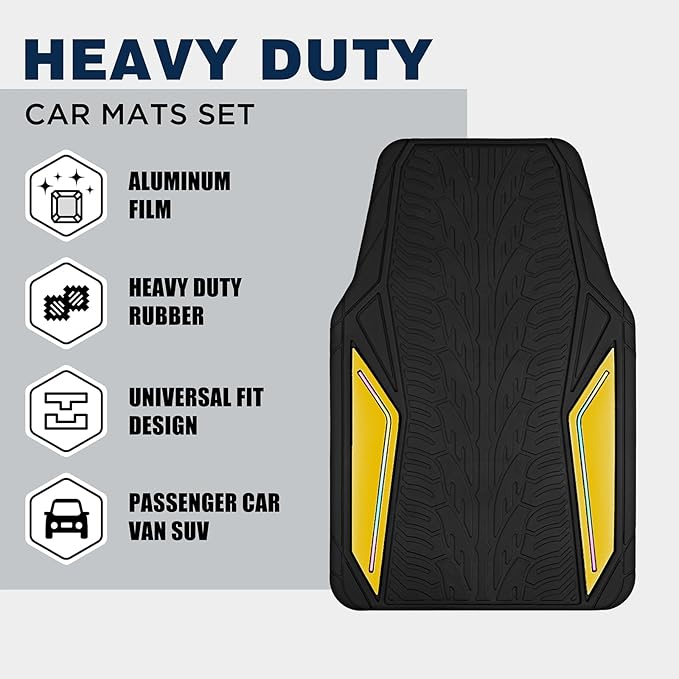 PIC AUTO Rubber Floor Mats, Yellow Aluminum Film with Colorful Piping Floor Mats for Cars, Car Mats with Non-Slip Backing, All-Weather Protection, Trim-to-Fit Liner for Cars, SUVs, Trucks, Vehicles