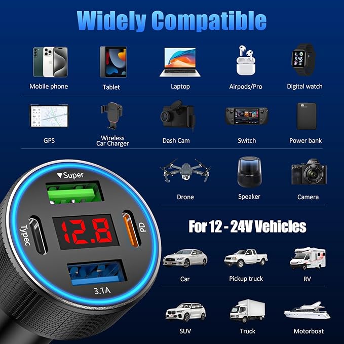 Car Charger with USB C Cable, 78W 4 Port Car Phone Charger Adapter Fast Charging, Dual USB C Car USB Adapter for iPhone 17 16 15 14 13, iPad, Samsung Glaxy, Android (Black & Cable)