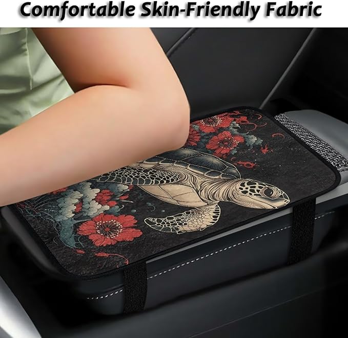 Bulopur Turtle Flower Arm Rest Cover Car Flannel Easy to Install Car Console Covers Vehicle Armrest Cover Vehicle Accessories 12.01 x 7.28 Inch Fit for Most Cars, Vehicles, SUVs