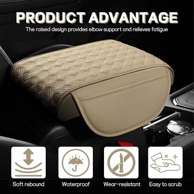 Hbxdeco Car Armrest Cushion, 12.2"×8.3" Leather Auto Memory Foam Center Console Pad with Storage Pocket, Waterproof & Anti-Scratch Elbow Pillow Armrest Seat Box Protector, Universal Fit (Beige)