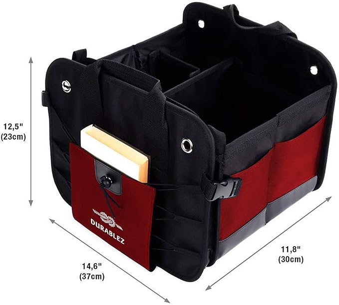 DURABLEZ 2-Section Foldable Trunk Organizer – Compact Car Storage for Groceries, Kids Items, Travel Gear – Dual-Compartment Cargo Bin with Cover Net – Red