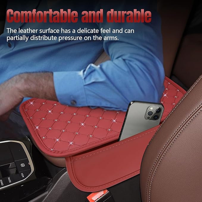 wuyaoyao Bling Car Center Console Cover, 11.81"×7.87" Leather Auto Arm Rest Cover Protector with 2 Storage Bags, Vehicle Crystal Rhinestone Armrest Cushion Pad, Interior Car Accessories (Wine Red)