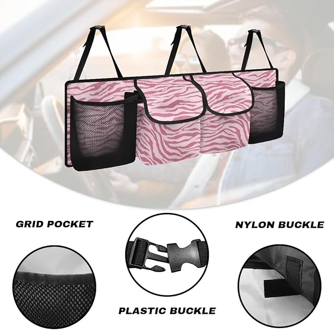 SEANATIVE Pink Zebra Car Trunk Organizer and Storage, Large Capacity Backseat Hanging Storage Car Accessories, Collapsible Backseat Car Organizer for SUV/MPV/Truck