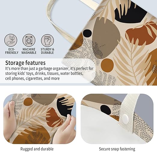 AUEKLLW Car Trash Can, Hanging Garbage Bin for Men and Women, Cute Car Organizer and Storage Bag, Canvas Vehicle Trash Can Bag Easy-to-Install Boho Leaves