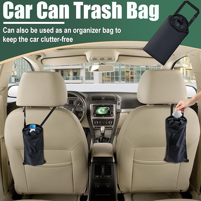 ecocstm 2 PCS Car Trash Bags, Washable Car Garbage Bag Hanging, Detachable Trash Can with Top Elastic Vent & Sticky Strap Bottom Opening, Seat Back Tash Bag for Cars,Travelling,Outdoor