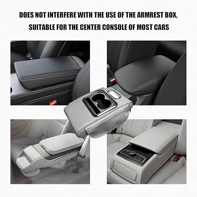 Car Center Console Armrest Pillow, Leather Arm Rest Cover Pad with 2 Storage Pockets Cup Holder & Phone Slot, Soft Middle Console Cushion Protector for Most Vehicles (Gray, Normal)