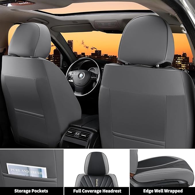 FLORICH Seat Covers, Front Leather Seat Covers, Car Seat Covers 2 PCS,Waterproof Seat Cover for Cars, Luxury Leatherette Gary Car Seat Cushion, Automotive Seat Covers for Sedan SUV Pick-up Truck