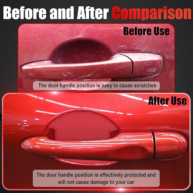 4Pcs Car Door Handle Scratch Protector Sticker, Universal Carbon Fiber Texture Door Handle Paint Protector, Red(M)