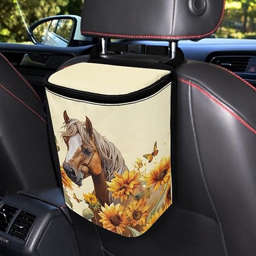 Hanging Sunflower Horse Car Trash Bag Zip Leak Proof Vehicle Garbage Bin with Lid Mini Portable Vehicle Waste Storage Bag for Automotive Front Back Seat Headrest