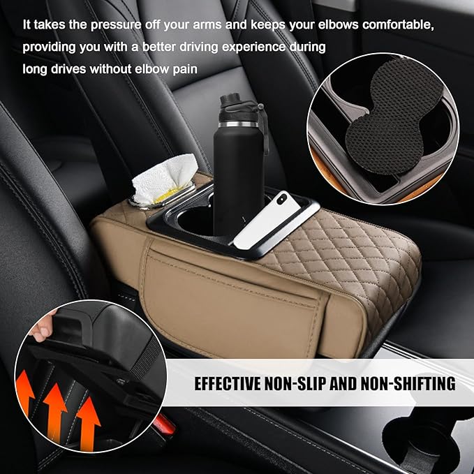 Car Center Console Armrest Pillow, Leather Arm Rest Cover Pad with 2 Storage Pockets Cup Holder & Phone Slot, Soft Middle Console Cushion Protector for Most Vehicles (Beige, Embroidered)