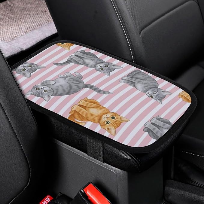 Auto Center Console Cushion Pad Pink Stripes Cute Cat, Waterproof Armrest Box Protection Cover, Comfortable Interior Accessories