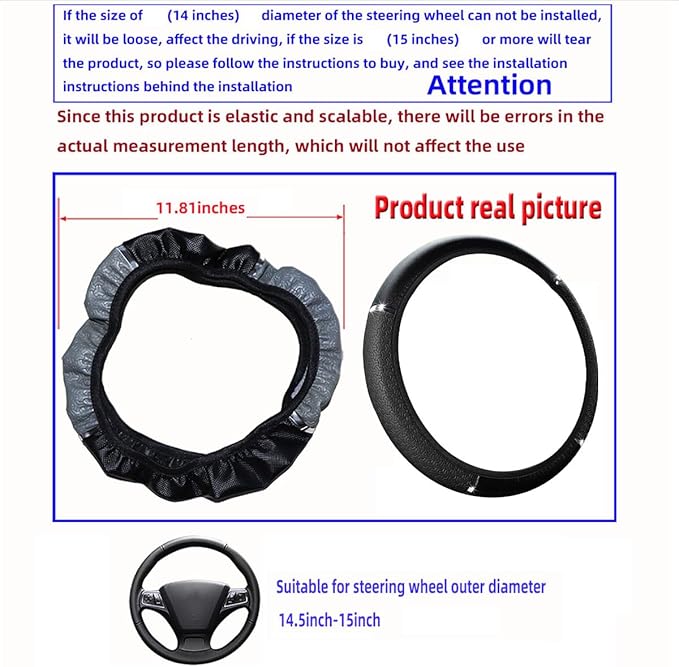 Car Steering Wheel Cover, PU Leather Elastic Vehicle Steering Wheel Protector, 14.5-15 Inches Non Slip Automotive Interior Steering Wheel Accessories, Universal Fit (Black)
