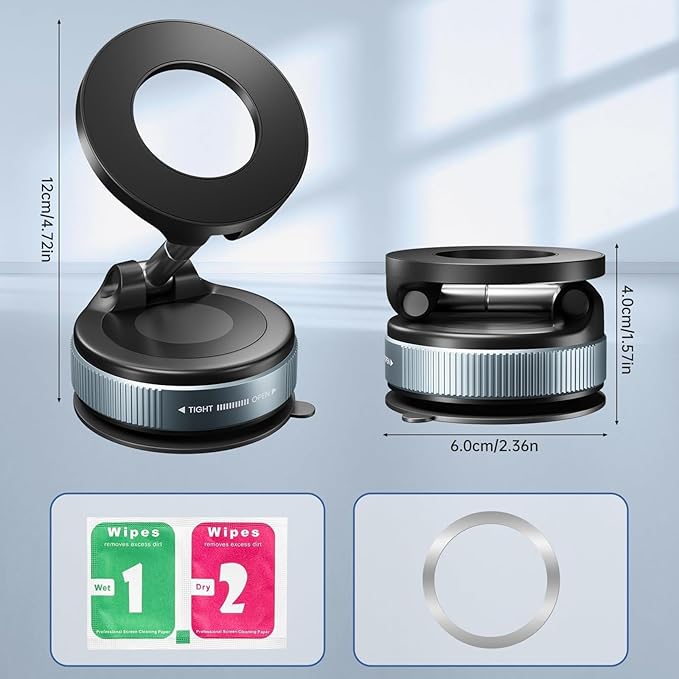 WRJ Car Phone Holder, [96+LBS Suction+2500gf Magnetic] 360° Adjustable Car Phone Mount for Magsafe, Cell Phone Holder for Your Car/Gym/Mirror/Smooth Surface-Black