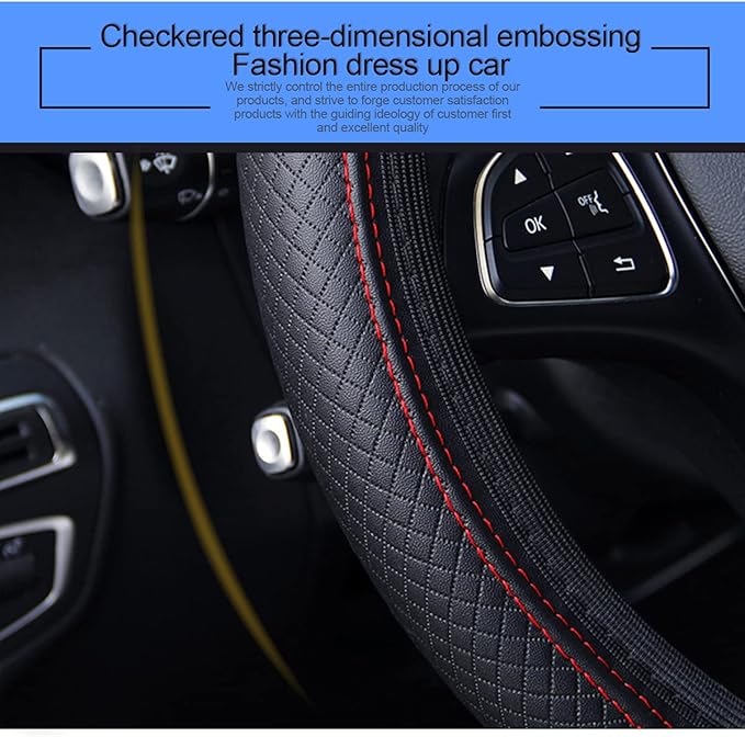 Leather Car Steering Wheel Cover, Elastic, Breathable Anti-Slip, Universal 15 inch, Steering Wheel Cover for Men Women (Black/Red)